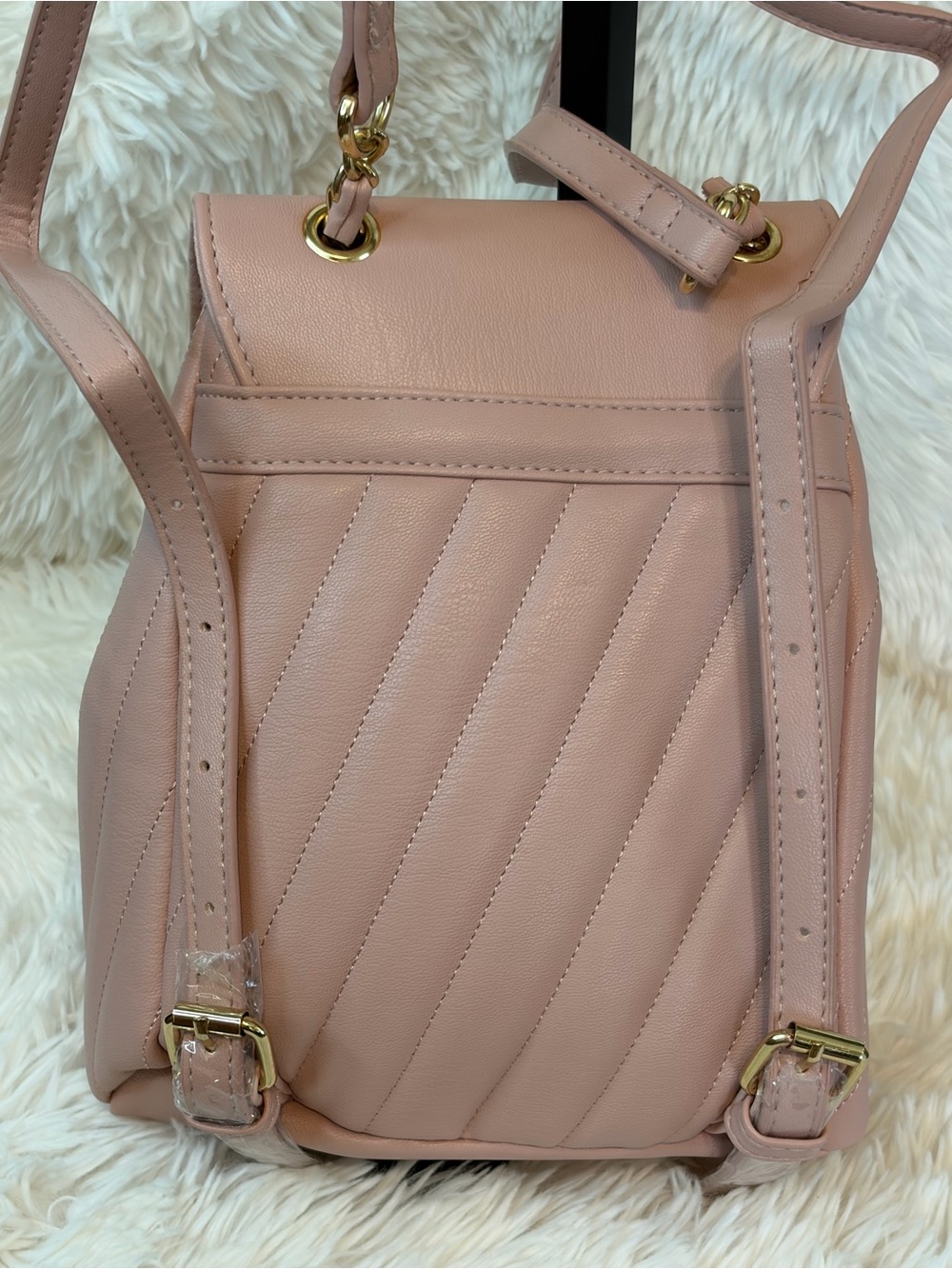 bebe Blush Mini Quilted Leather Drawstring Backpack with Gold Hardware - Picture 3 of 6